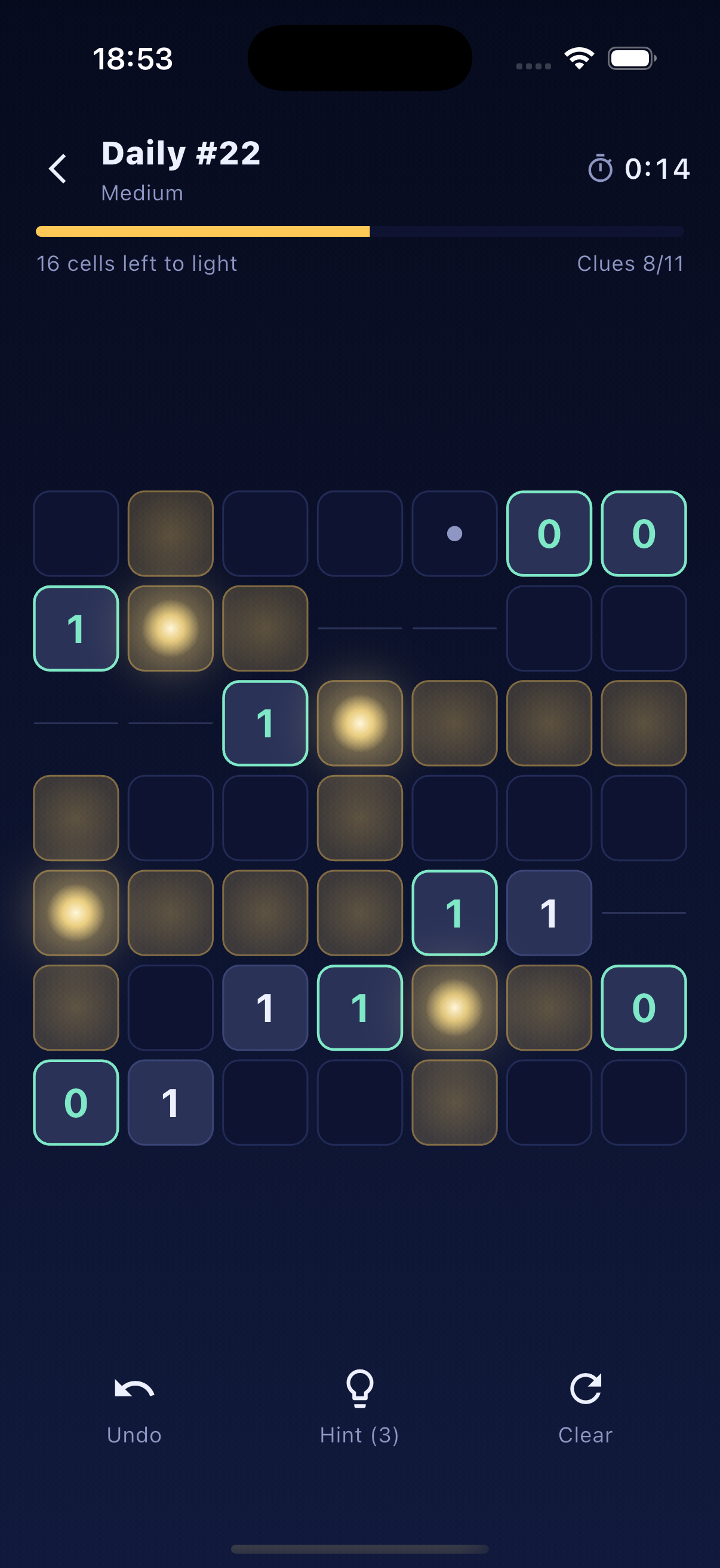 Glow daily firefly puzzle in progress on the game board