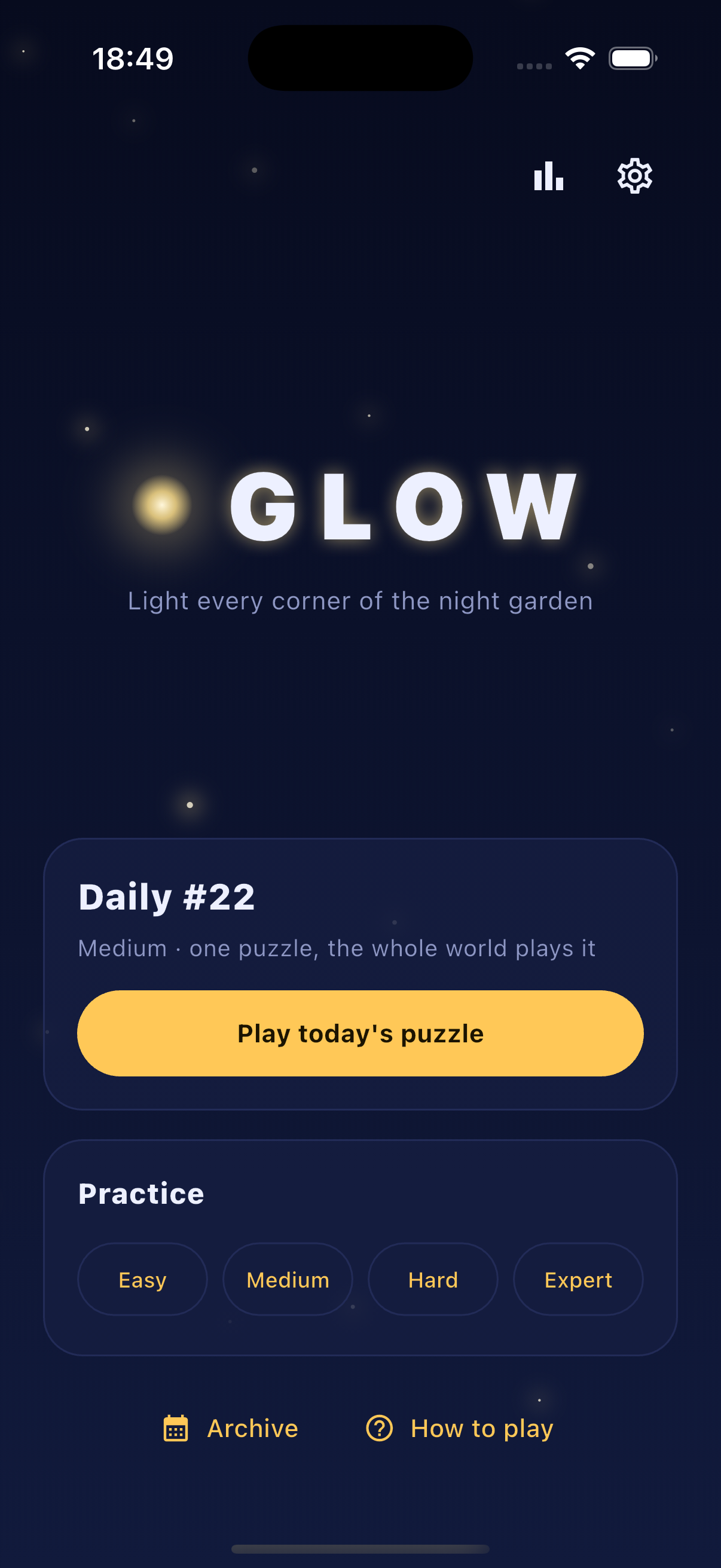 Glow home screen — daily puzzle and practice modes