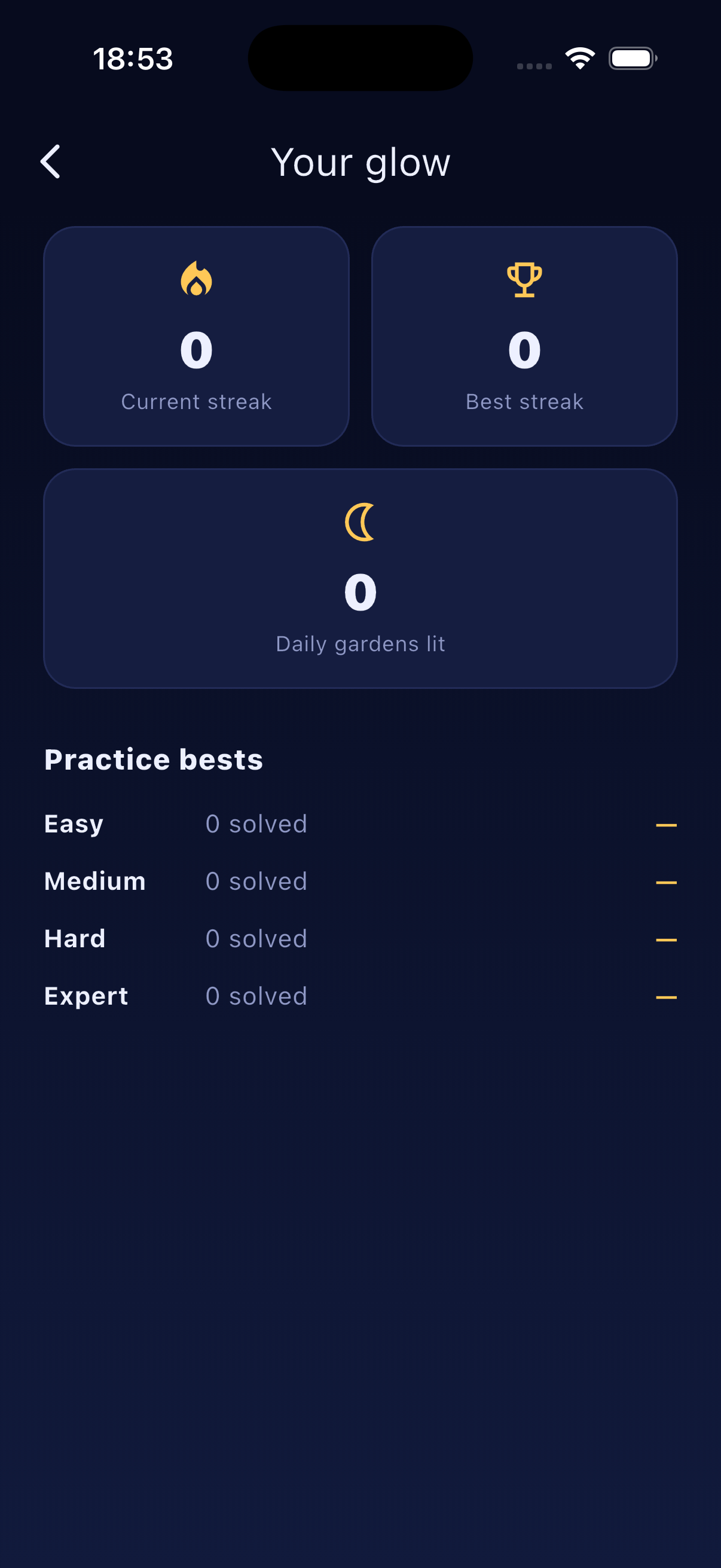 Glow stats screen showing streak and daily gardens lit